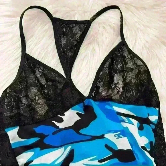 Virgo Blue Camo and Sheer Lace Lingerie Babydoll Slip Dress Large - Picture 4 of 6
